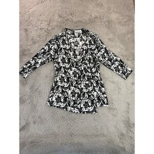 Chico's Travelers‎ Floral Black White 3/L Tunic Top Blouse V Neck Career Office